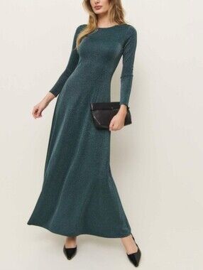 Fairy Elegant Metallic Reformation Kori Knit Teal Green Sparkle Maxi Dress Small